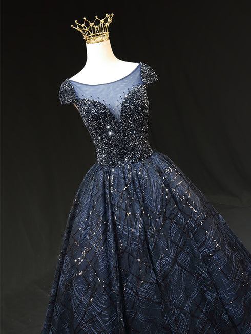 Gothic Royal Blue Tulle Ball Gown Wedding Dress - Cap Sleeve Dress - Royal Blue Prom Dress Plus Size